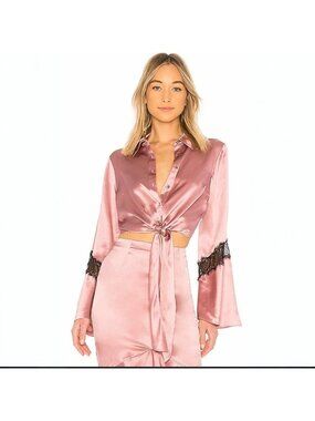 Cinq À Sept Pink Satin Button-Up Cropped Top Shirt Lace Trim Small New with tag